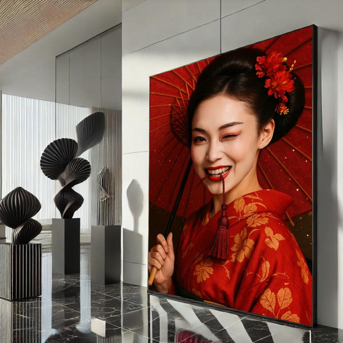 Smiling Japanese Woman Red Floral Kimono Parasol Portrait Poster Artwork