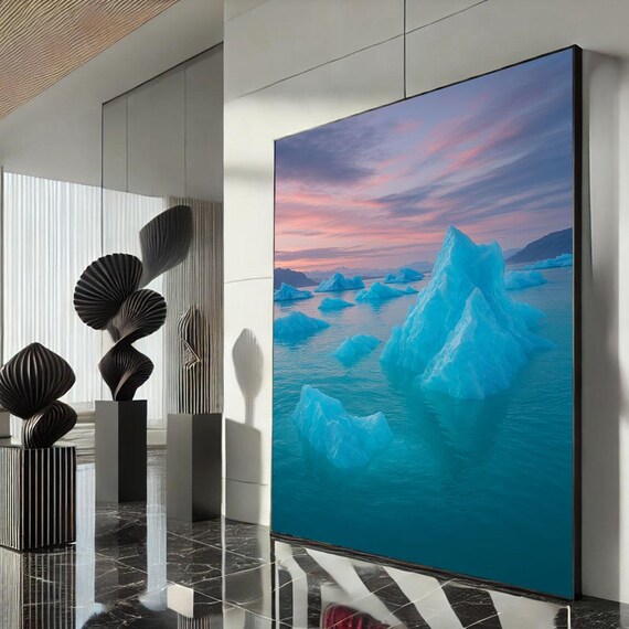 Glowing Blue Icebergs at Pink Sunset Turquoise Seascape Poster