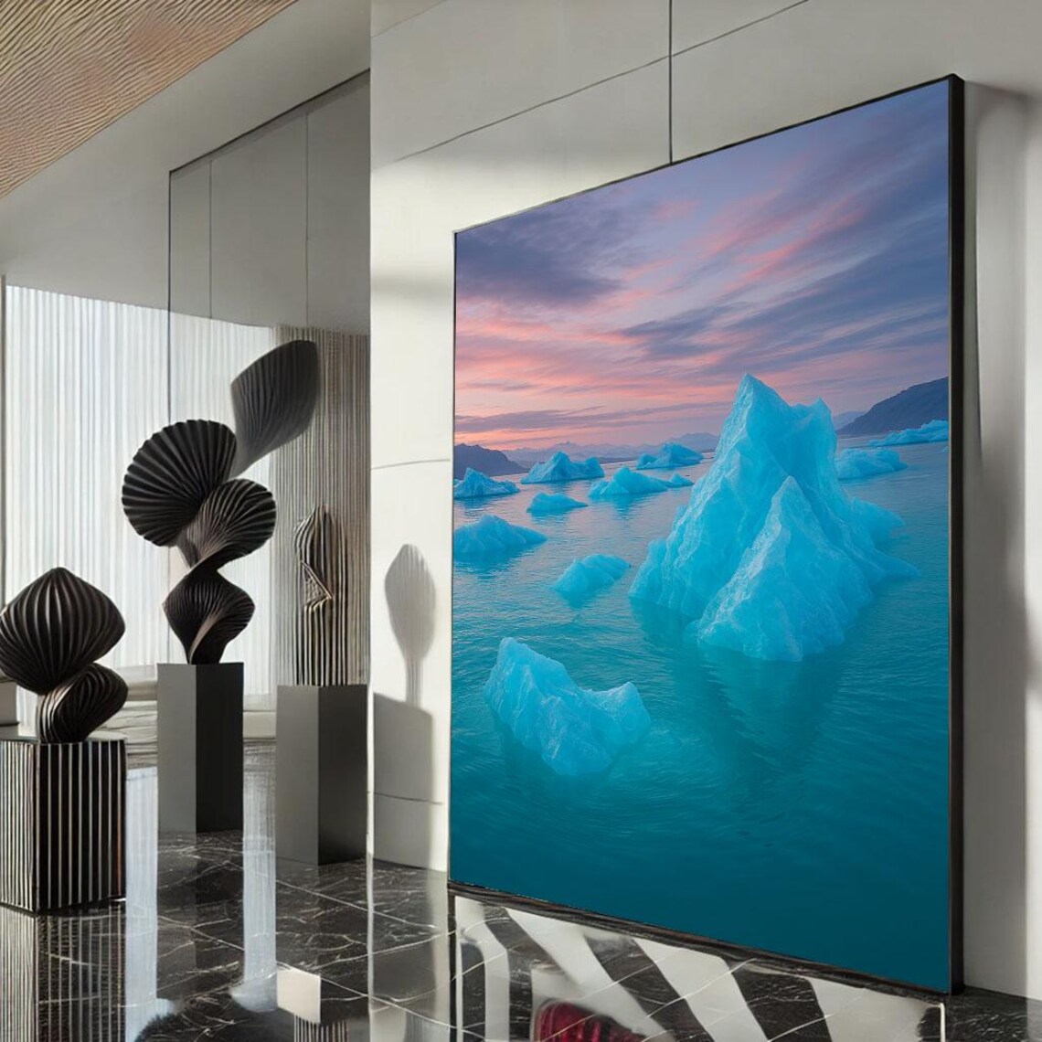 Glowing Blue Icebergs at Pink Sunset Turquoise Seascape Poster