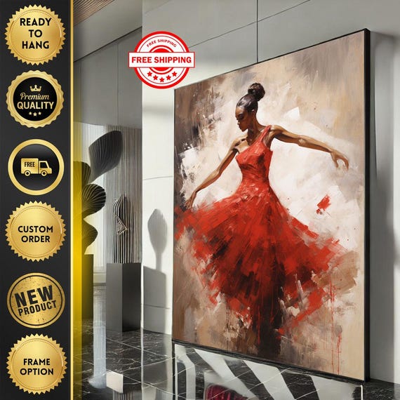 Elegant Black Ballerina In Red Dress Canvas Wall Art Print Modern Living Room Decor Ready To Hang