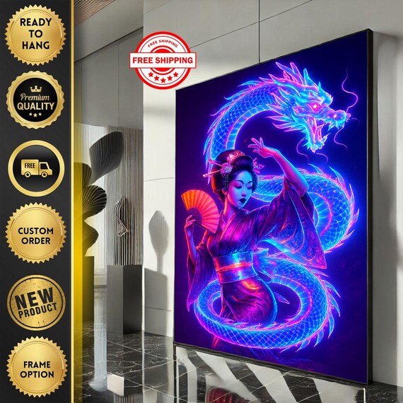 Neon Geisha And Dragon Canvas Wall Art Print Vibrant Modern Living Room Decor Ready To Hang Statement Piece