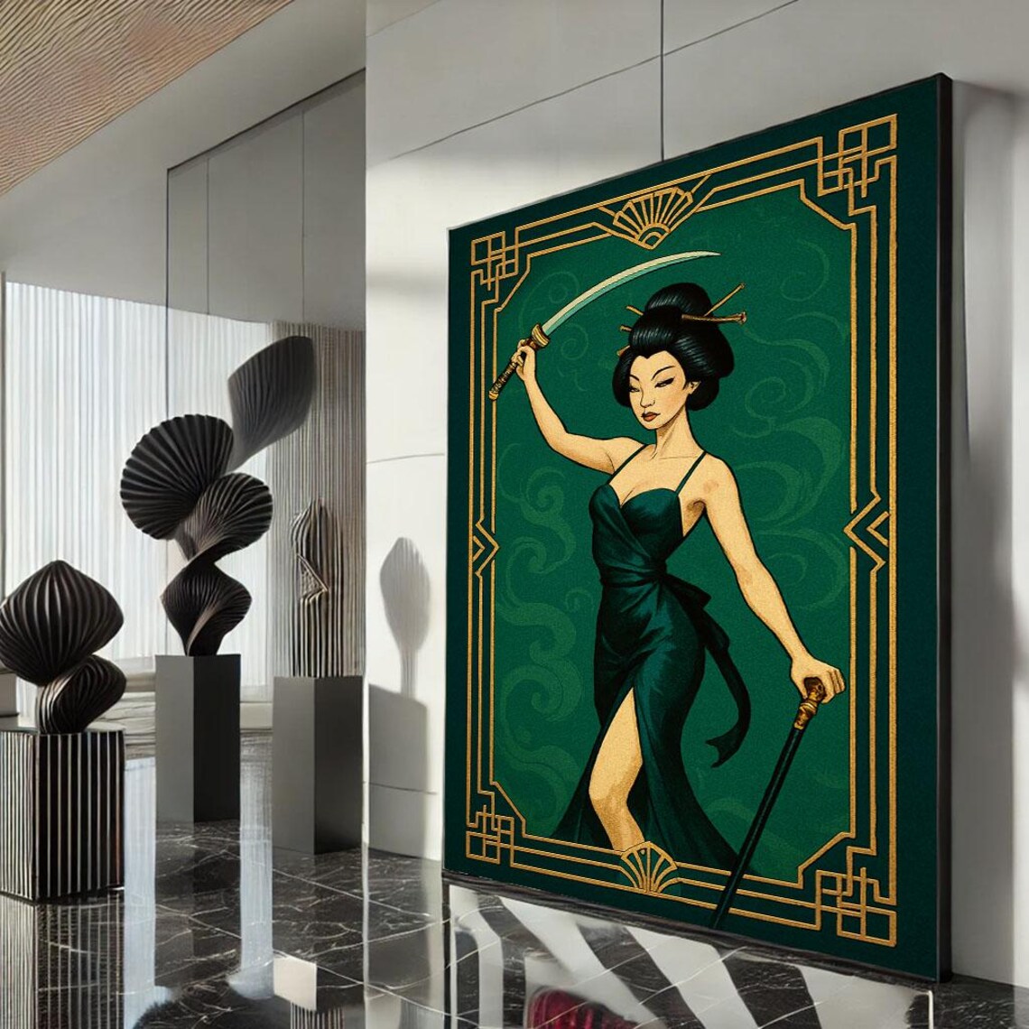 Vintage Jazz Age Geisha Green Dress Sword Gold Frame Deco Poster