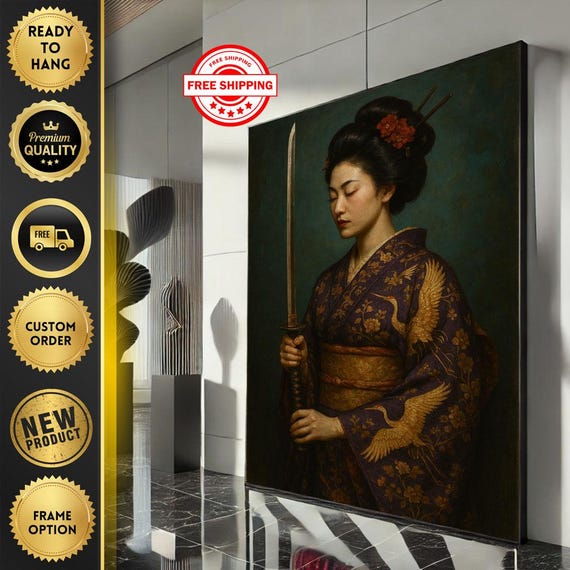 Asian Warrior Woman Canvas Wall Art Print Traditional Samurai Style Living Room Decor Ready To Hang Statement Piece