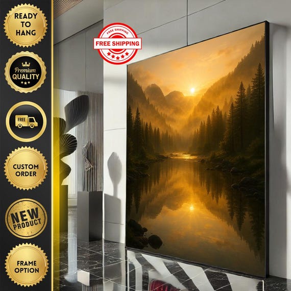 Tranquil Mountain Sunset Canvas Wall Art Print Warm Tones Living Room Decor Ready To Hang Statement Piece