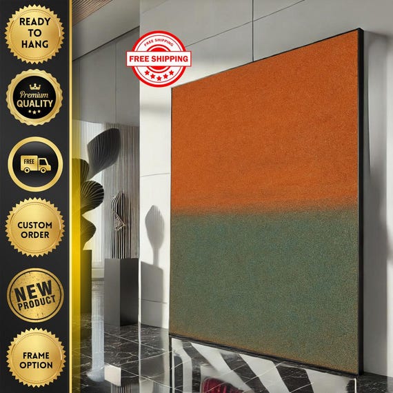 Mark Rothko Inspired Orange And Green Canvas Bold Color Field Painting For Modern Living Room Decor Ready To Hang