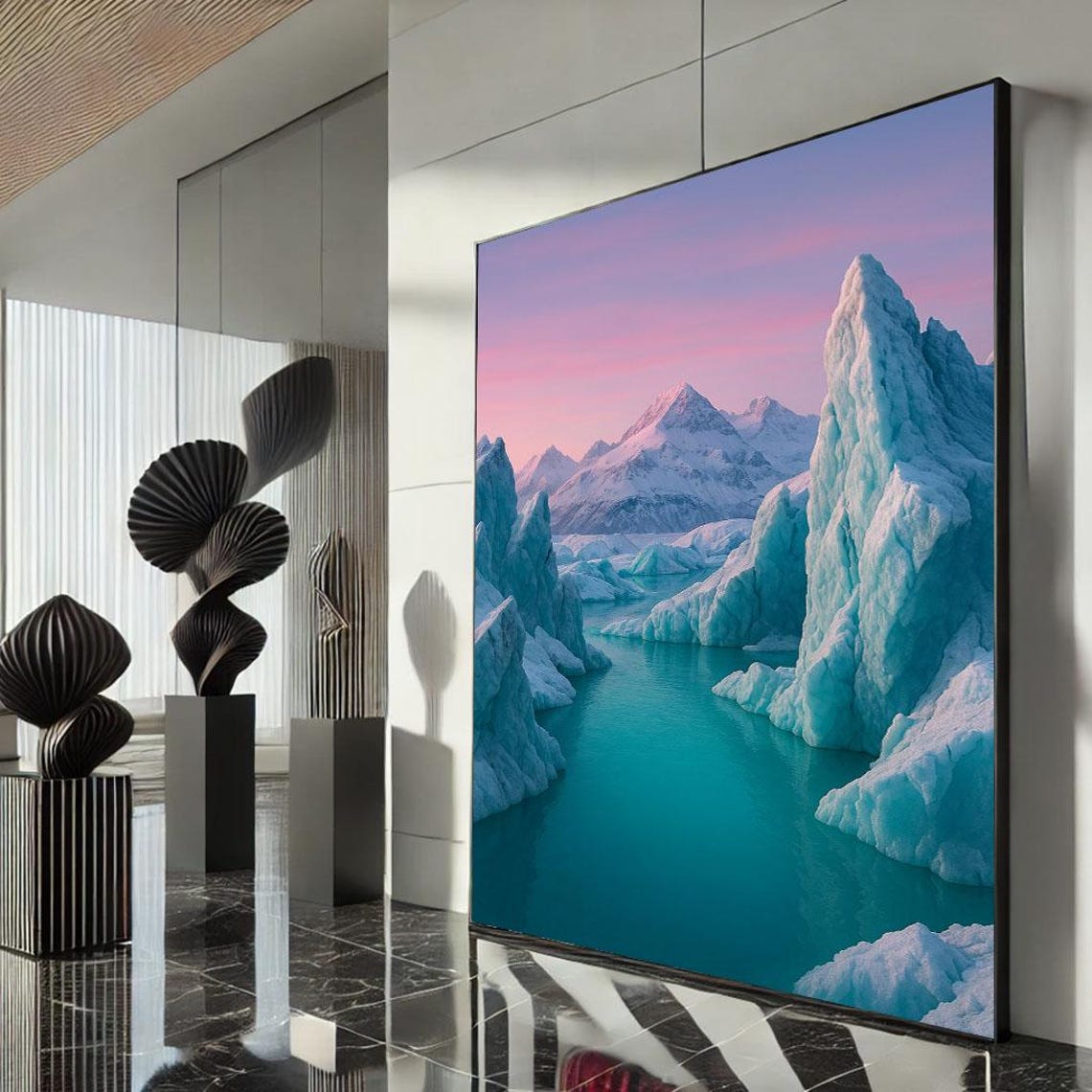 Glacier Lagoon With Icy Peaks Under a Pink Arctic Dawn Poster