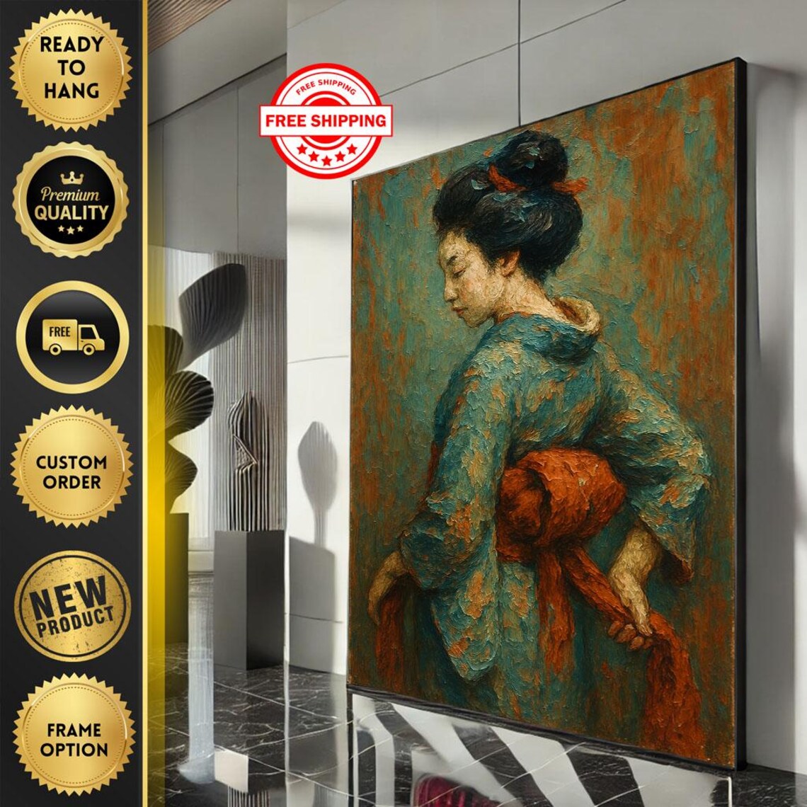 Impressionist Woman Teal Kimono Autumn Oil Painting Gallery Poster