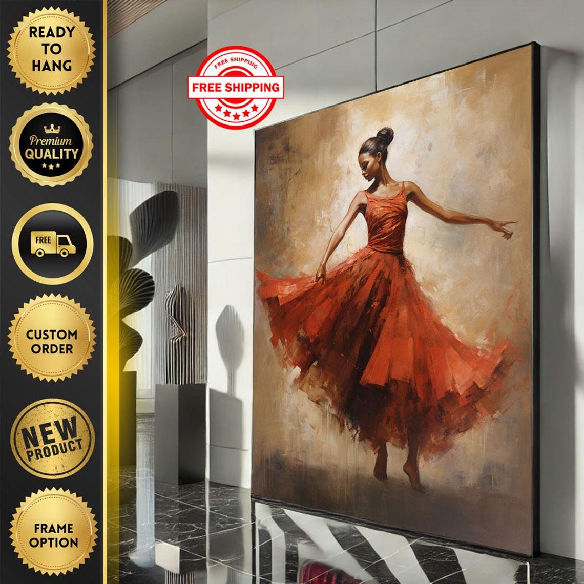 Elegant Ballerina in Flowing Red Dress Impressionist Art Poster
