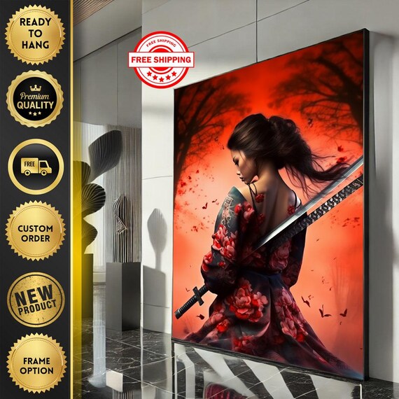 Japanese Samurai Woman In Floral Kimono With Katana Red Art Poster