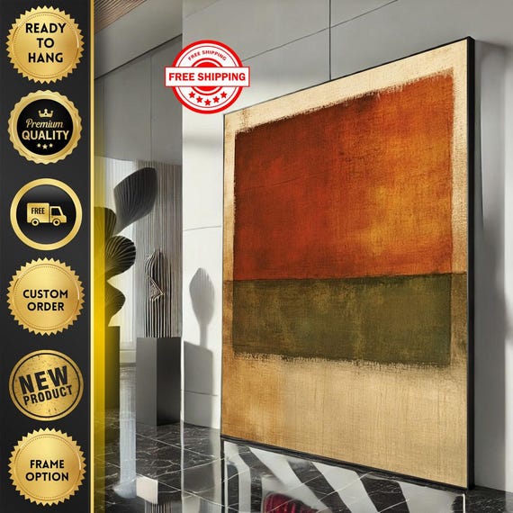 Mark Rothko Inspired Orange And Green Canvas Bold Color Field Painting For Modern Living Room Decor Ready To Hang