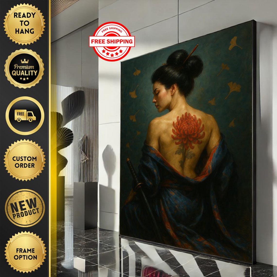 Chrysanthemum Back Tattoo Woman Blue Kimono Katana Art Poster