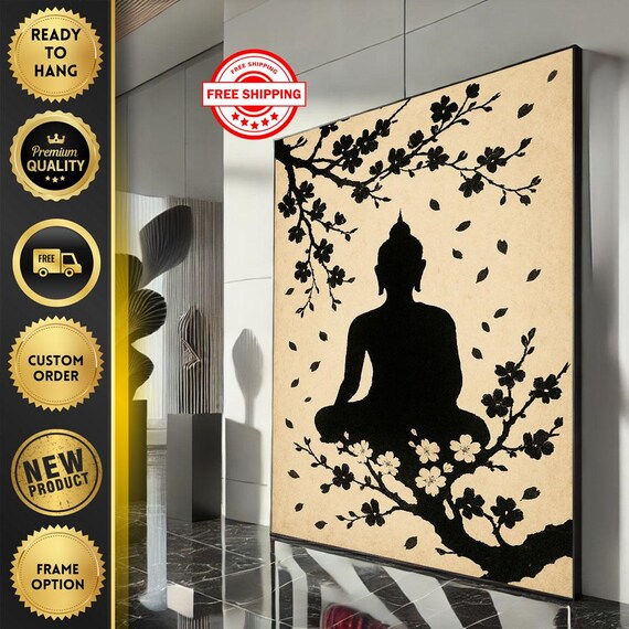 Buddha Silhouette Cherry Blossom Black Ink Minimalist Zen Art Poster