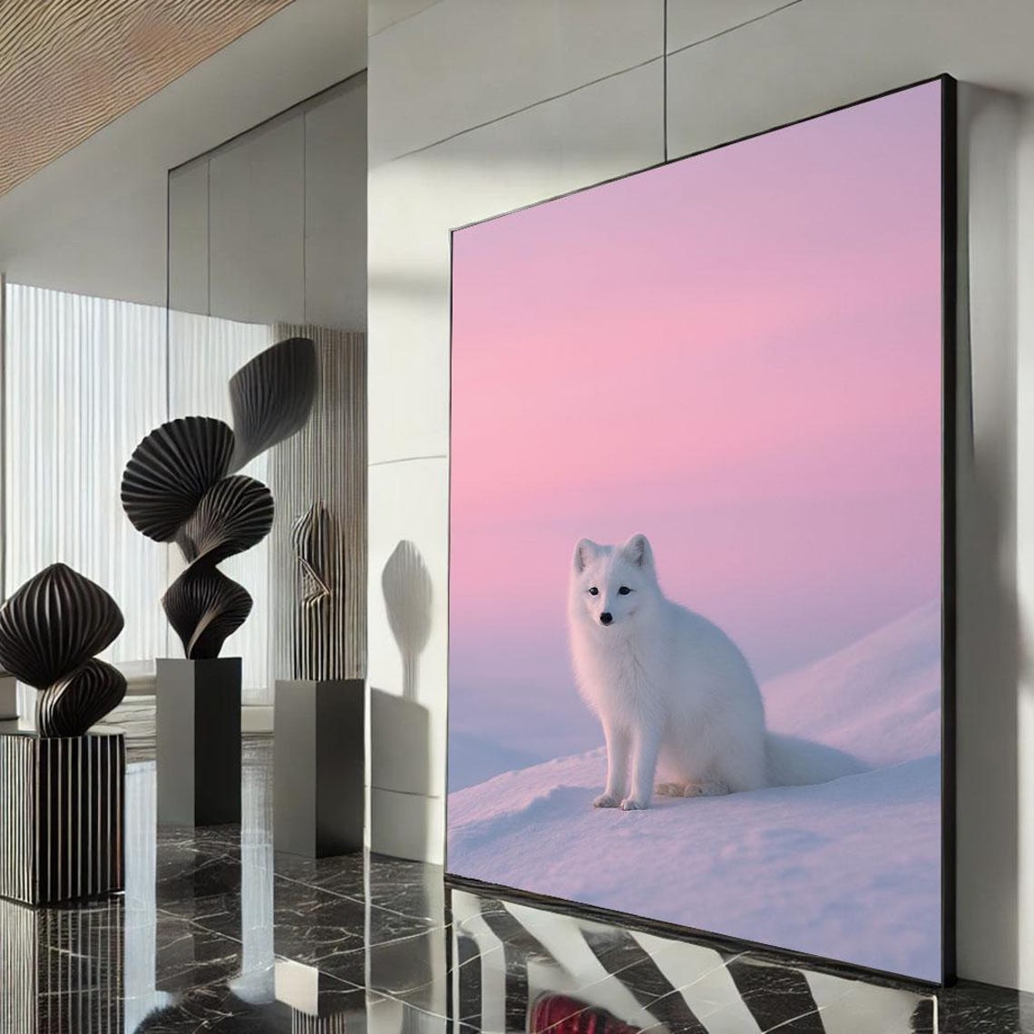 Serene White Arctic Fox in Soft Pink Snowfield Winter Art Poster