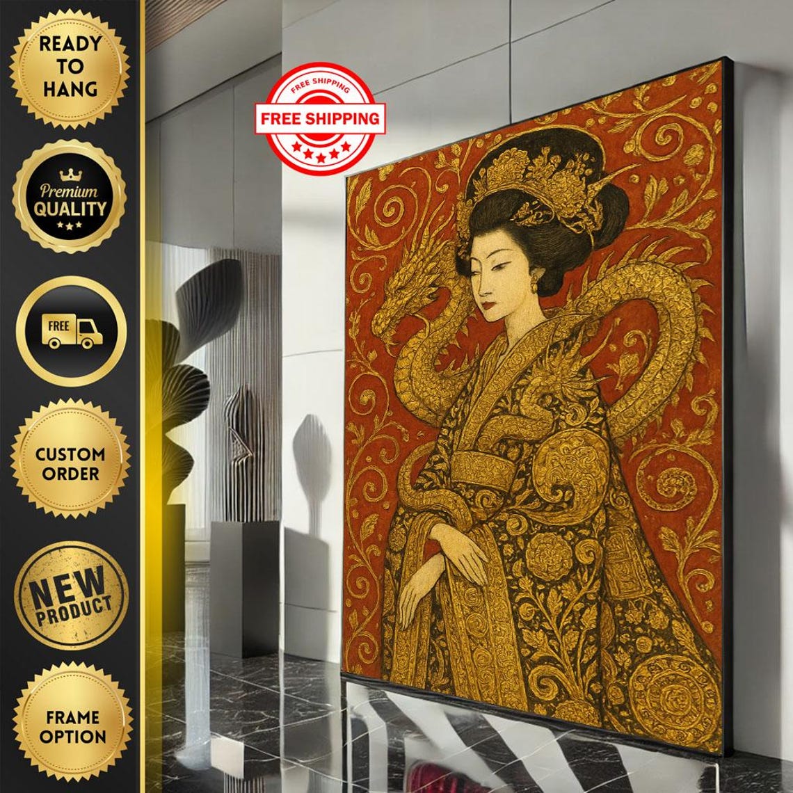 Golden Dragon Japanese Geisha Kimono Rich Red Oriental Poster