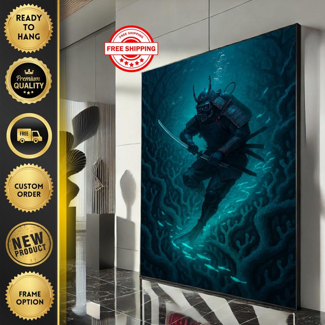 Samurai Diver Underwater Katana Deep Teal Fantasy Art Poster