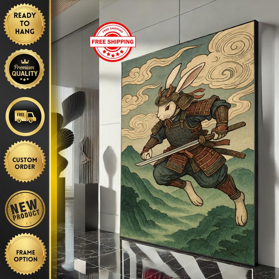 Samurai Rabbit Warrior Vintage Japanese Style Katana Battle Wall Art