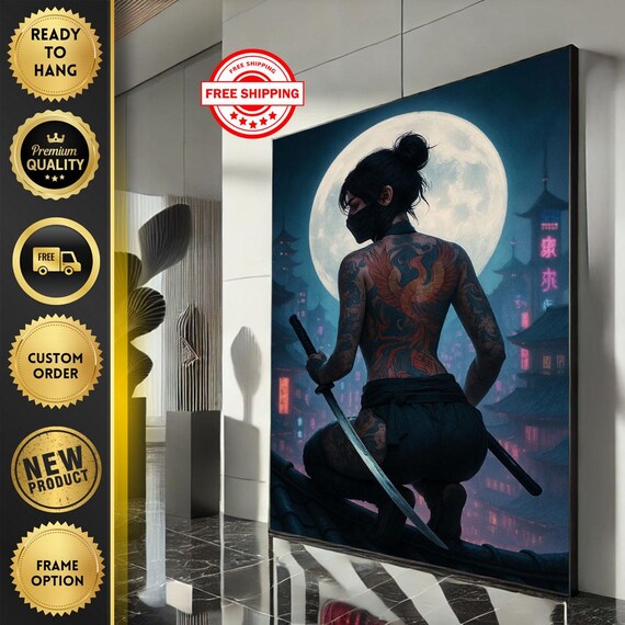 Mysterious Tattooed Warrior Woman under Full Moon Night Art Poster