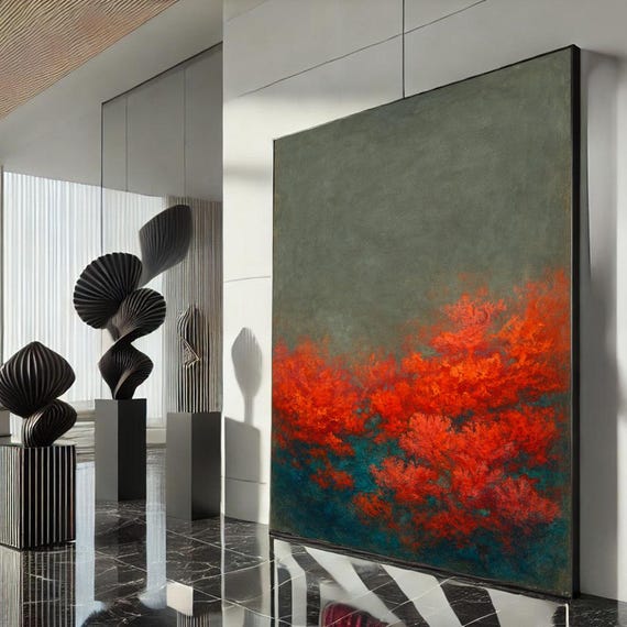 Bold Abstract Floral Canvas Wall Art Print Red And Teal Living Room Decor Statement Piece For Modern Lovers