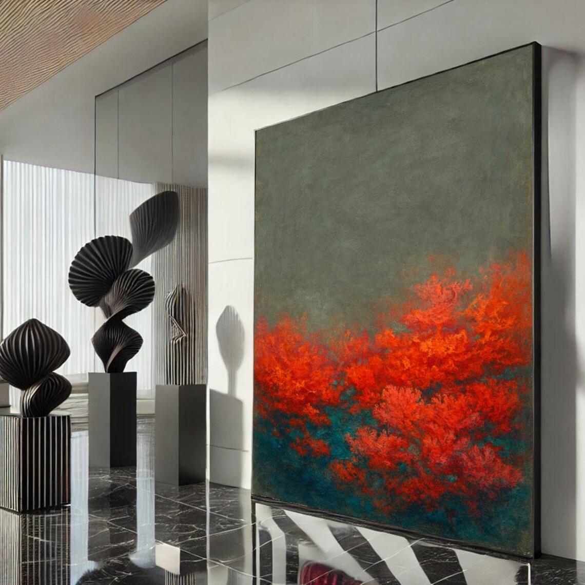Red Orange Foliage On Olive Green Abstract Textured Art Poster
