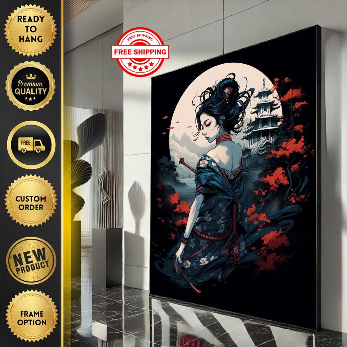 Geisha With Katana Before Pagoda Under Moon Red Maple Art Poster