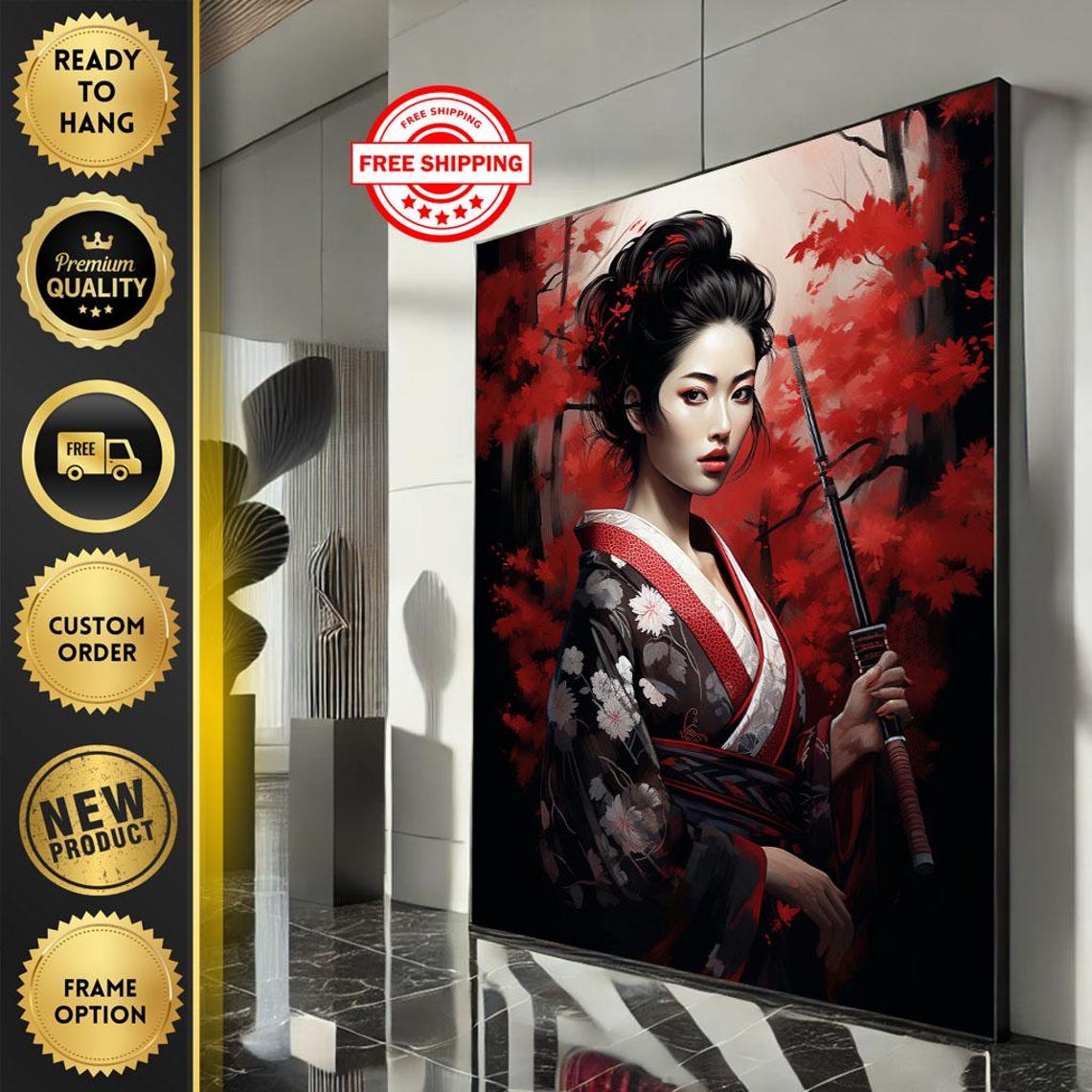 Kimono Woman With Katana Red Maple Leaves Japanese Art Poster
