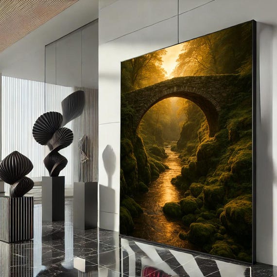 Tranquil Stone Bridge Landscape Canvas Wall Art Print Golden Light Living Room Decor Ready To Hang
