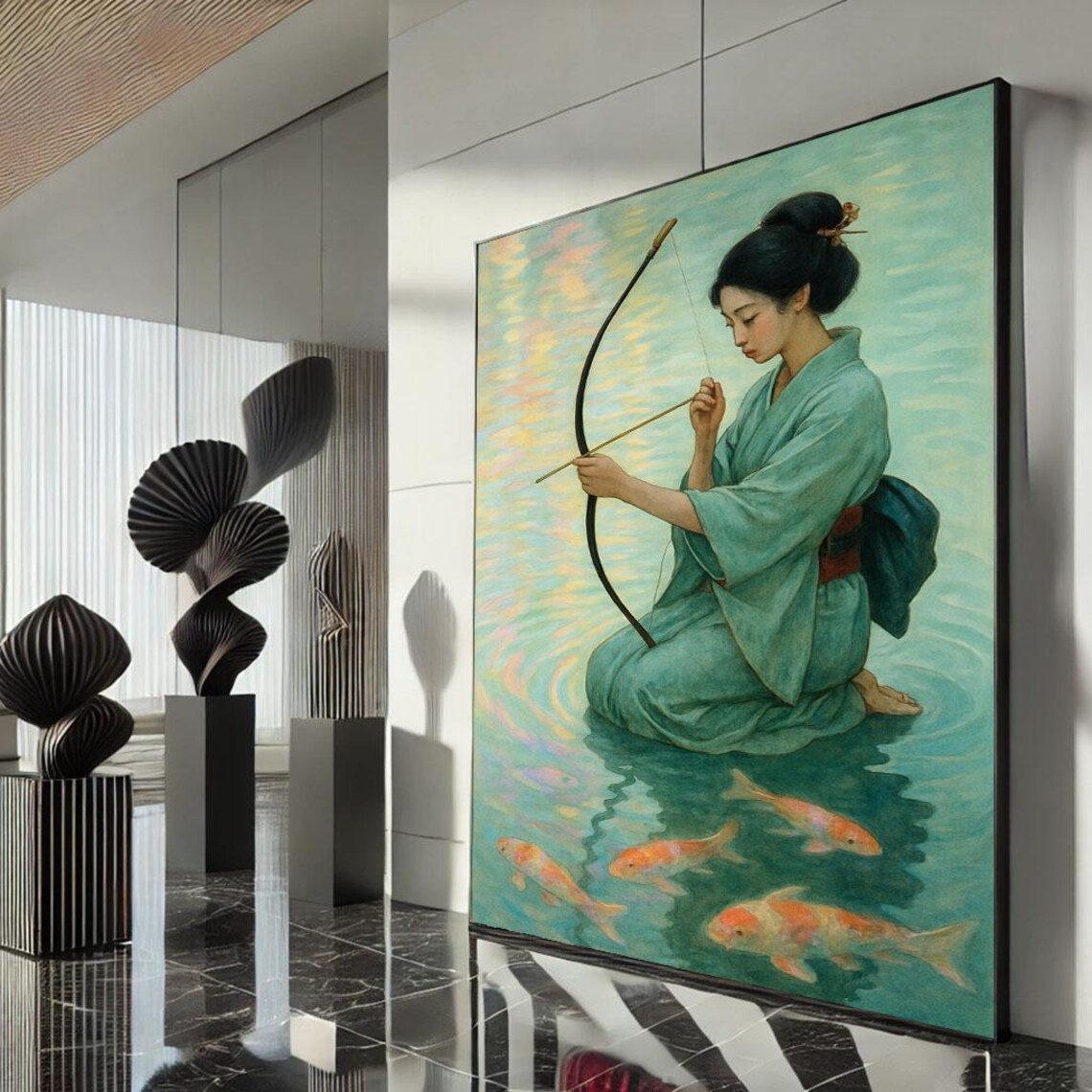 Kneeling Geisha Bow Fishing Koi Pond Teal Kimono Serene Poster
