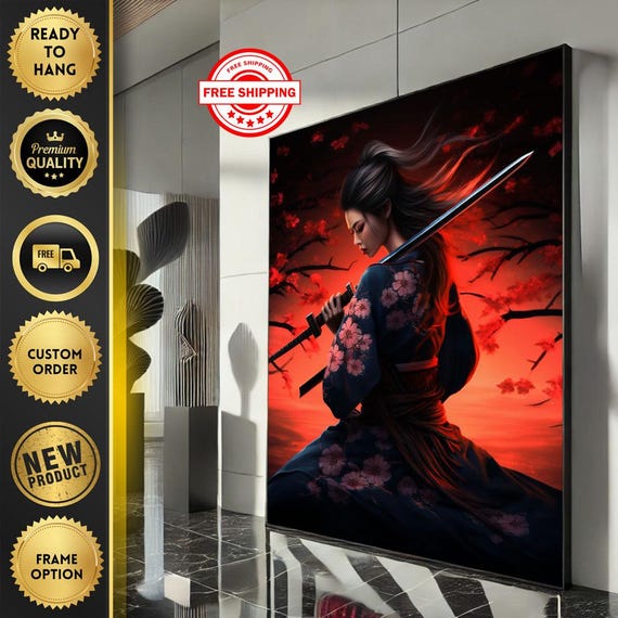Fierce Samurai Woman Canvas Wall Art Print Red And Black Living Room Decor Ready To Hang