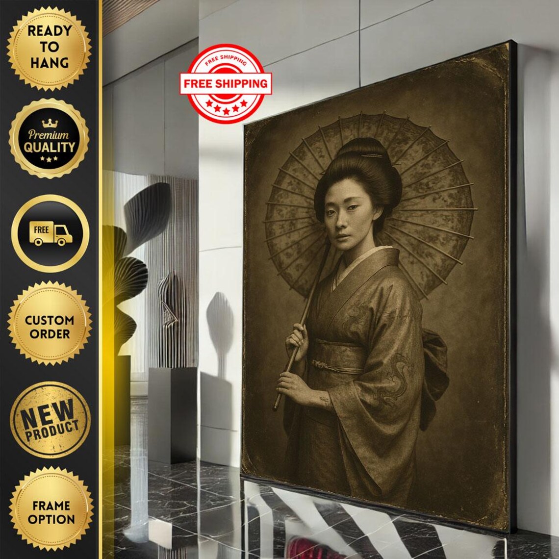 Vintage Sepia Geisha With Paper Umbrella Antique Japan Poster