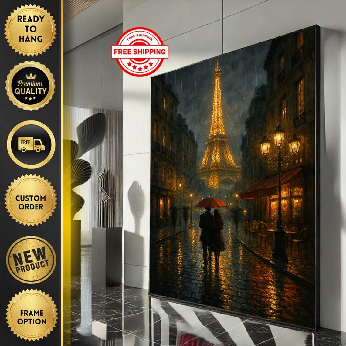 Rainy Paris Night Eiffel Tower Couple Umbrella Romantic Art Poster