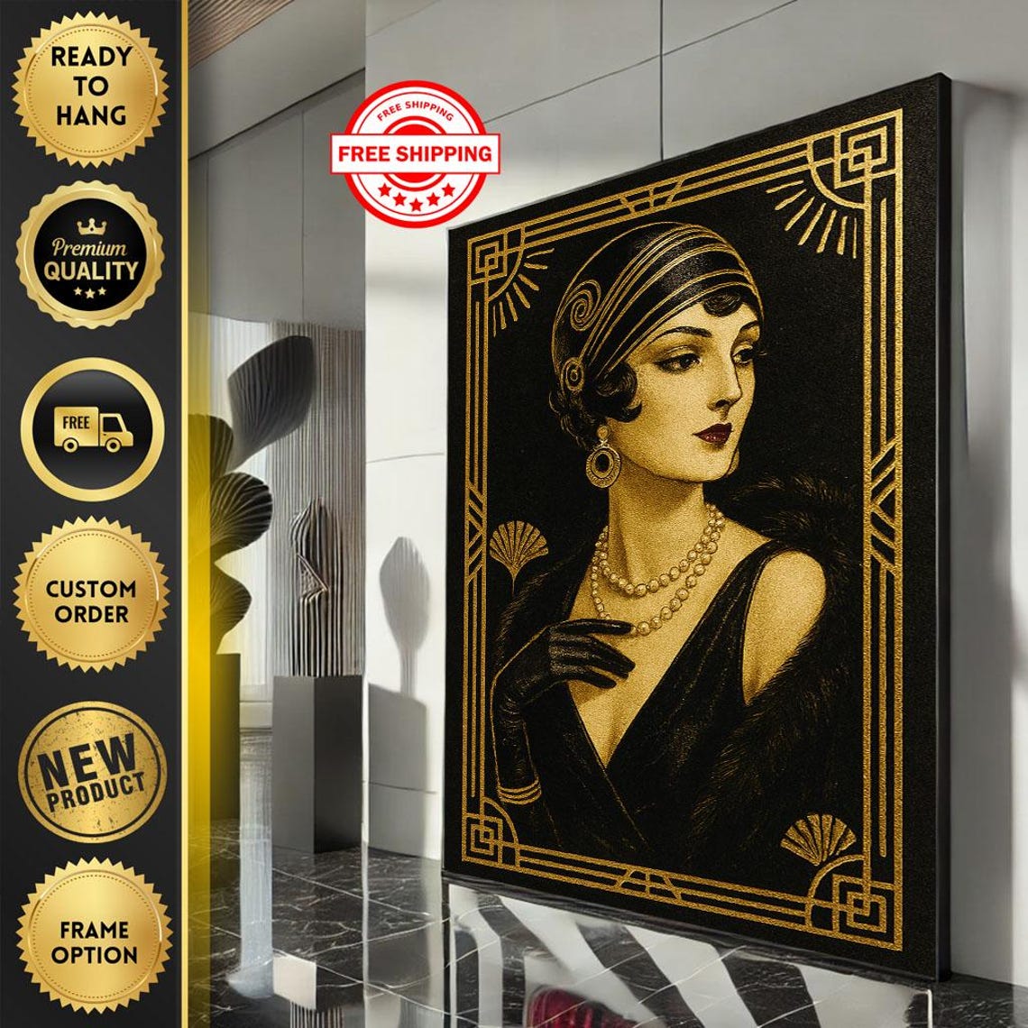 Art Deco Elegance Woman Canvas Wall Print Glamorous Living Room Decor Ready To Hang