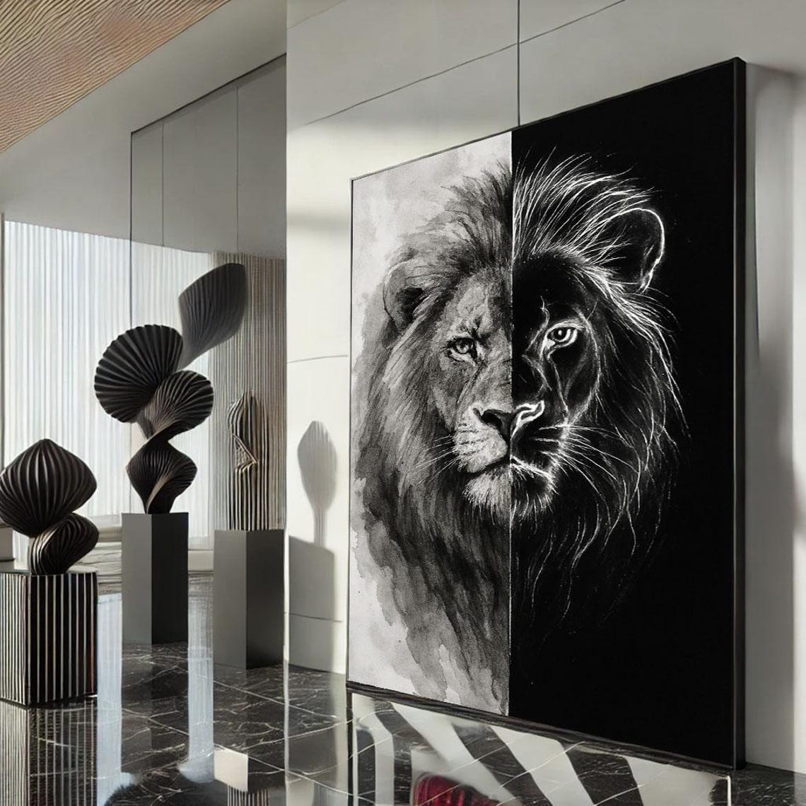 Majestic Black And White Lion Canvas Wall Art Print Modern Living Room Decor Statement Piece