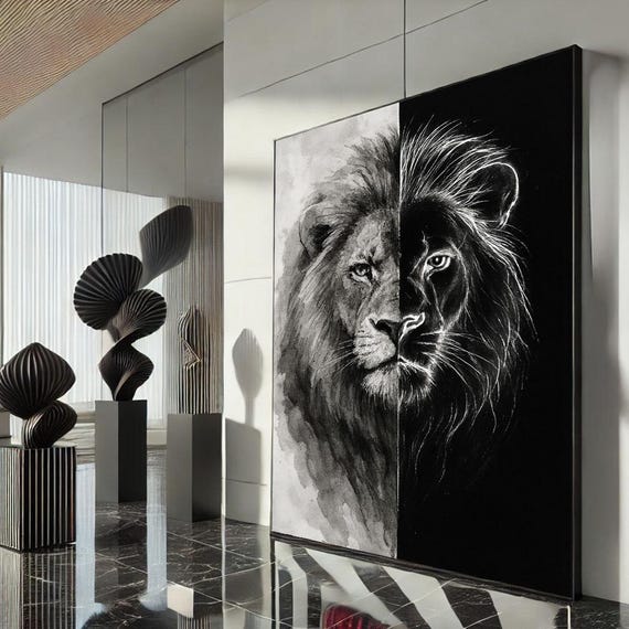 Majestic Black And White Lion Canvas Wall Art Print Modern Living Room Decor Statement Piece