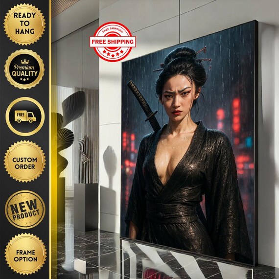 Female Samurai Standing In Rain Neon City Night Portrait Poster