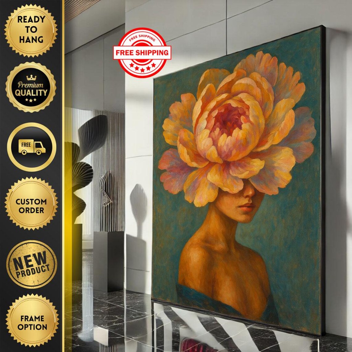 Woman With Giant Peony Flower Face Surreal Floral Art Poster