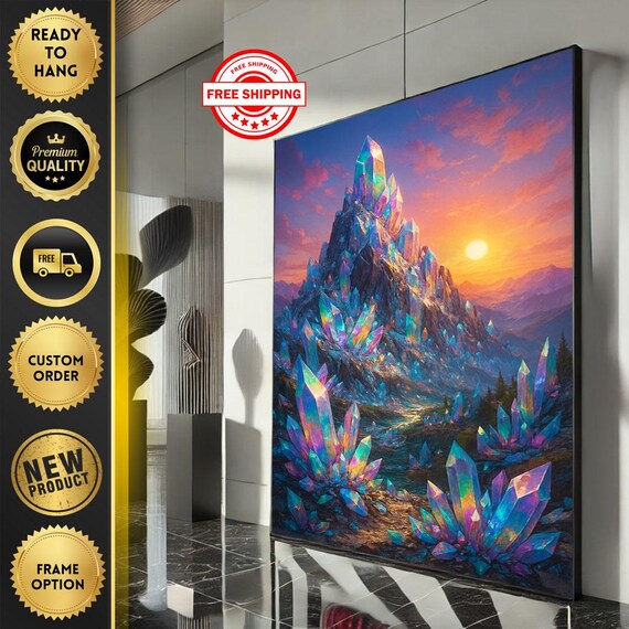 Iridescent Crystal Mountain Peak Sunset Fantasy Landscape Poster