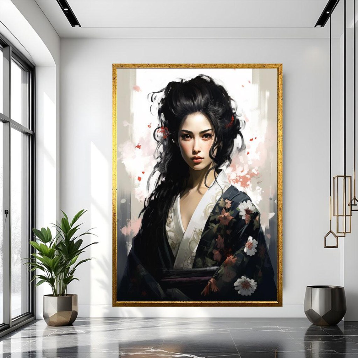 Modern Geisha Portrait in Dark Floral Kimono Japanese Beauty Poster