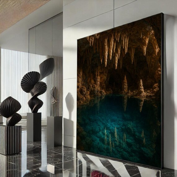 Golden Stalactites Over Turquoise Underground Cave Lake Poster
