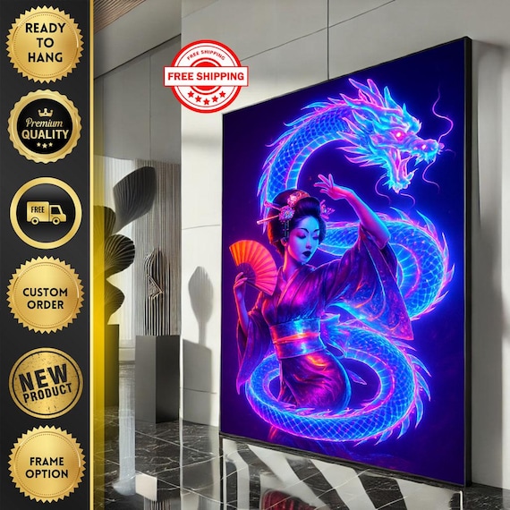 Neon Geisha Dancing Glowing Blue Dragon Fantasy Japanese Poster