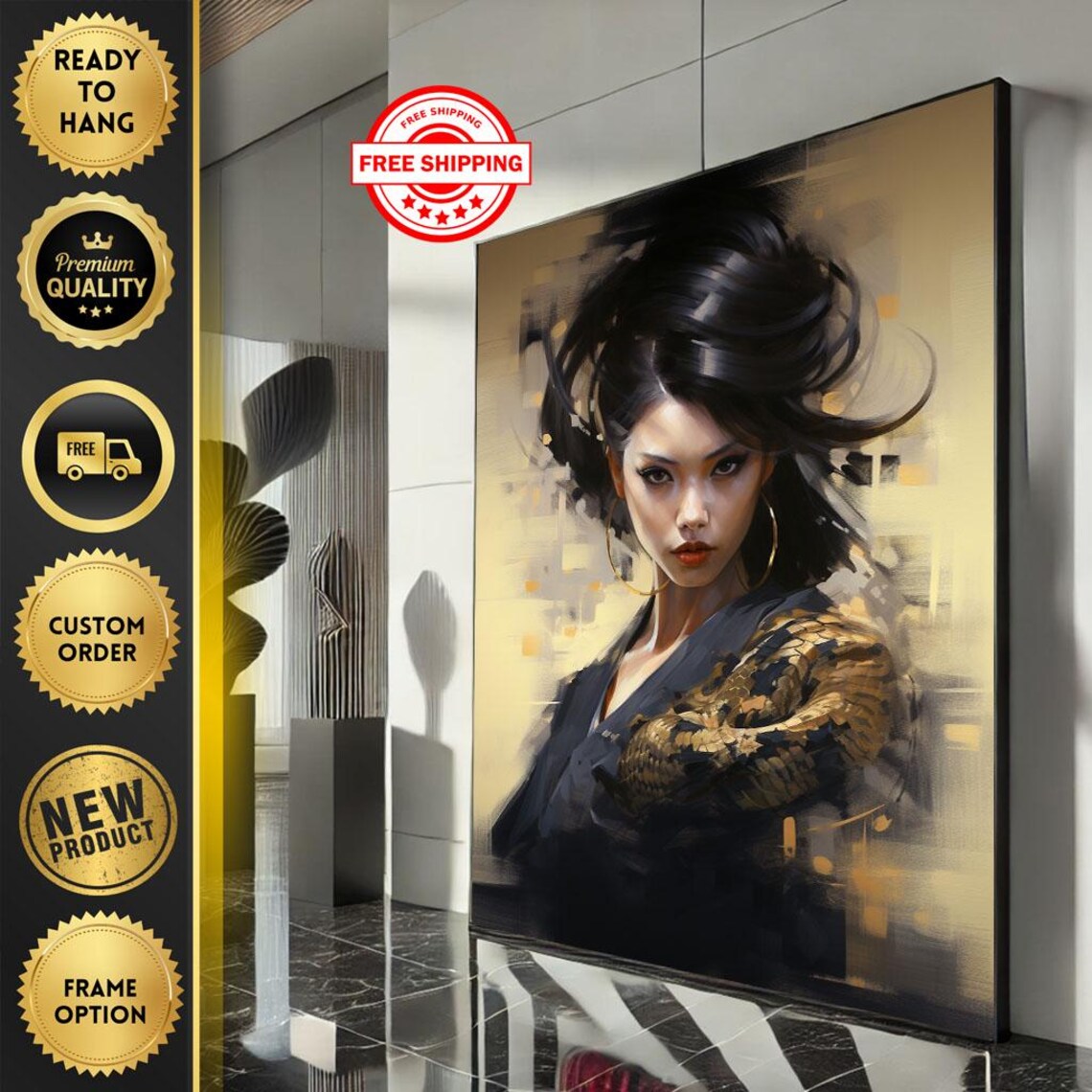 Modern Woman Portrait Gold and Black Dramatic Windswept Cinematic Beauty Poster