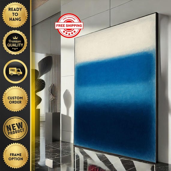 Mark Rothko Inspired Blue Canvas Bold Color Field Painting For Contemporary Living Room Decor Ready To Hang