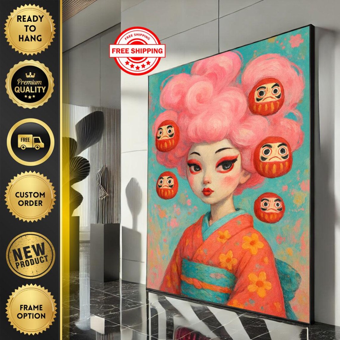 Whimsical Pink Hair Japanese Girl Daruma Dolls Cute Anime Wall Art