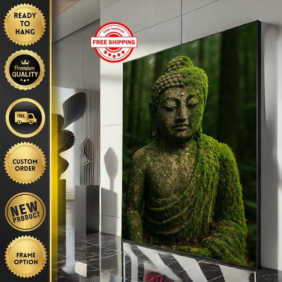Serene Buddha Canvas Wall Art Print Mossy Green Zen Living Room Decor Ready To Hang Statement Piece