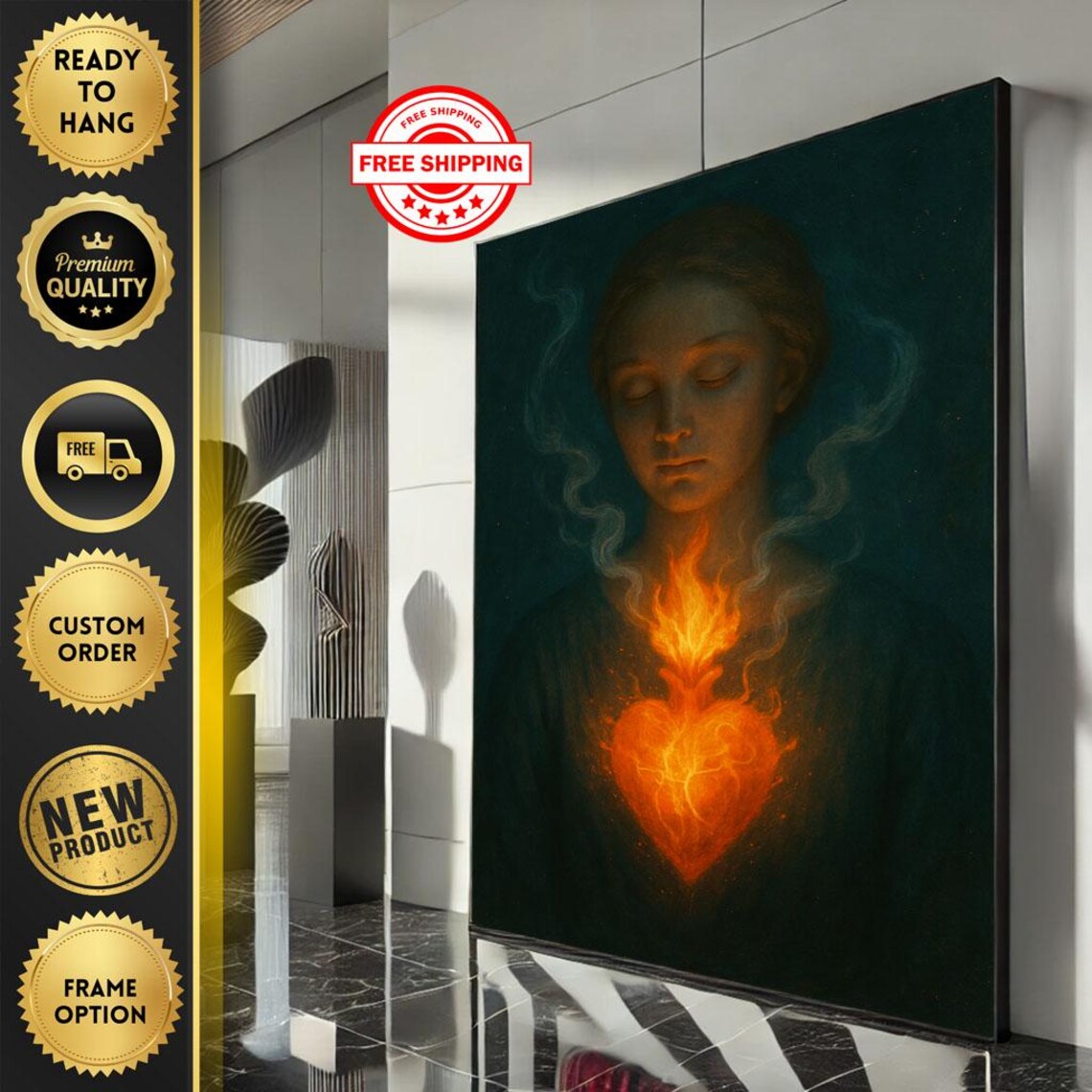 Ethereal Woman Glowing Sacred Heart Dark Romantic Art Poster