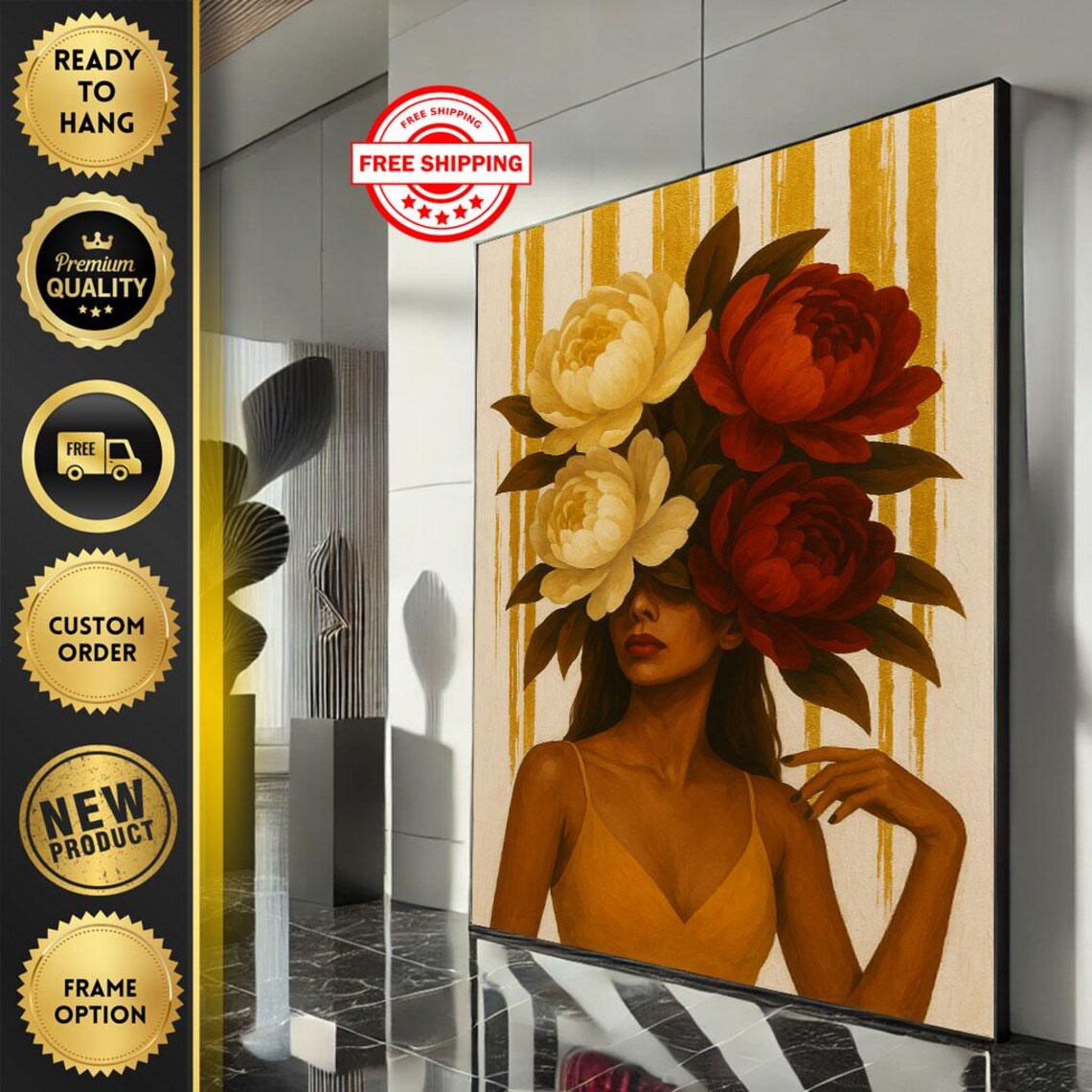 Woman With Peony Blossoms Gold Stripes Glam Floral Portrait Poster