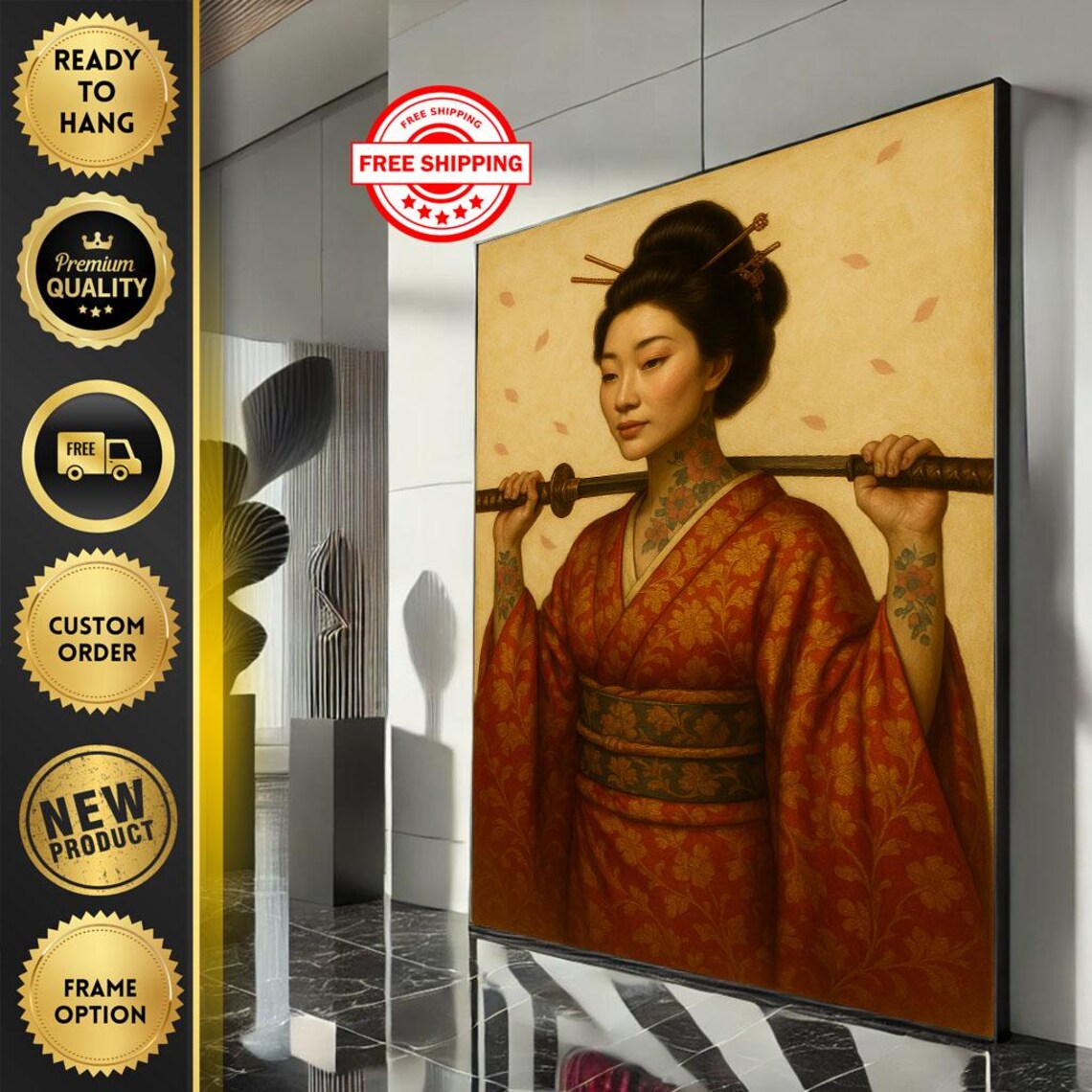 Tattooed Geisha Katana Japanese Warrior Woman Blossom Art Poster
