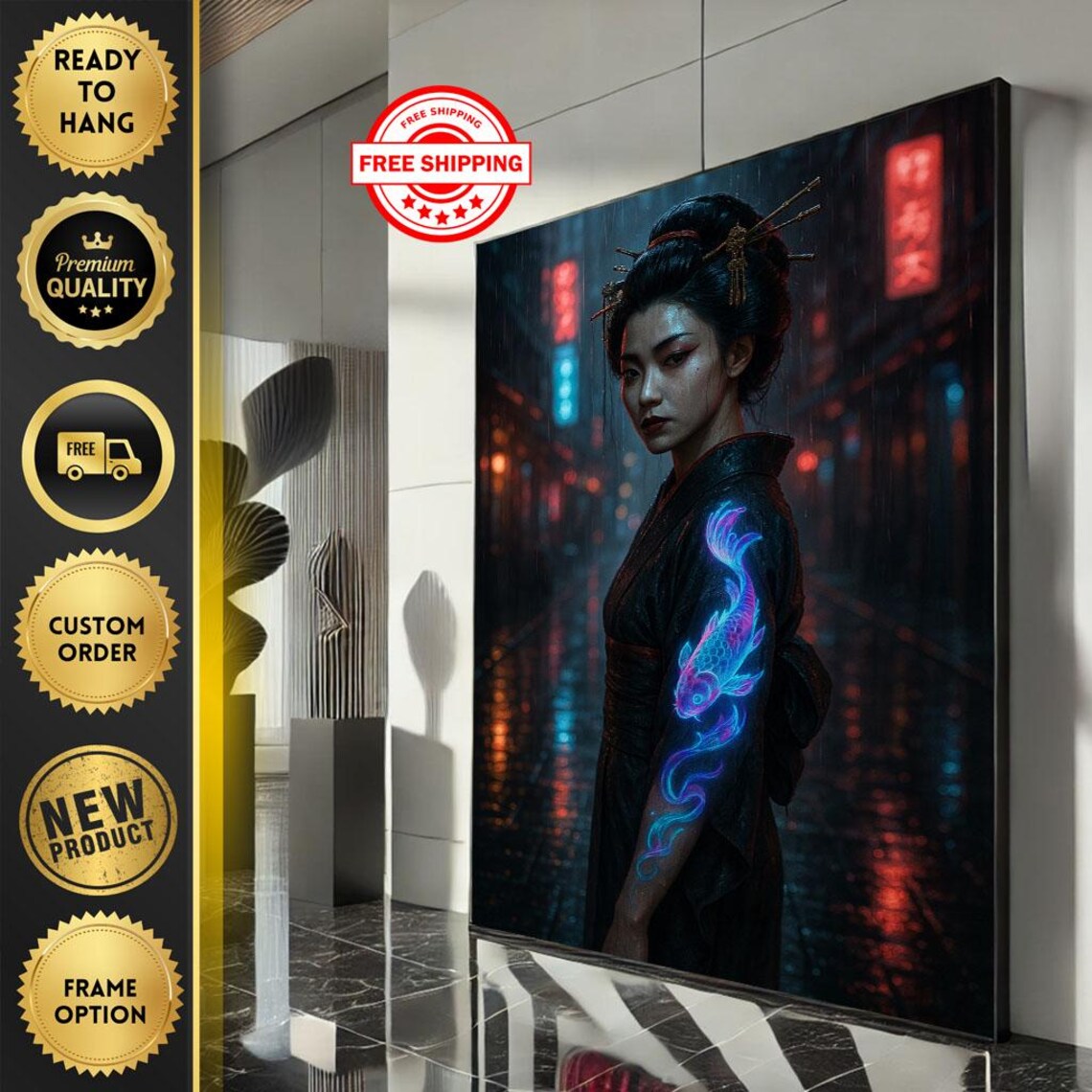 Mystical Cyberpunk Japanese Woman with Glowing Koi Tattoo Poster