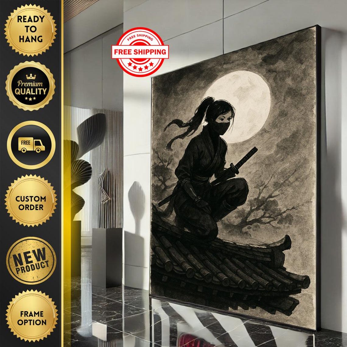 Mystical Ninja Woman Crouching on Rooftop Under Full Moon Poster