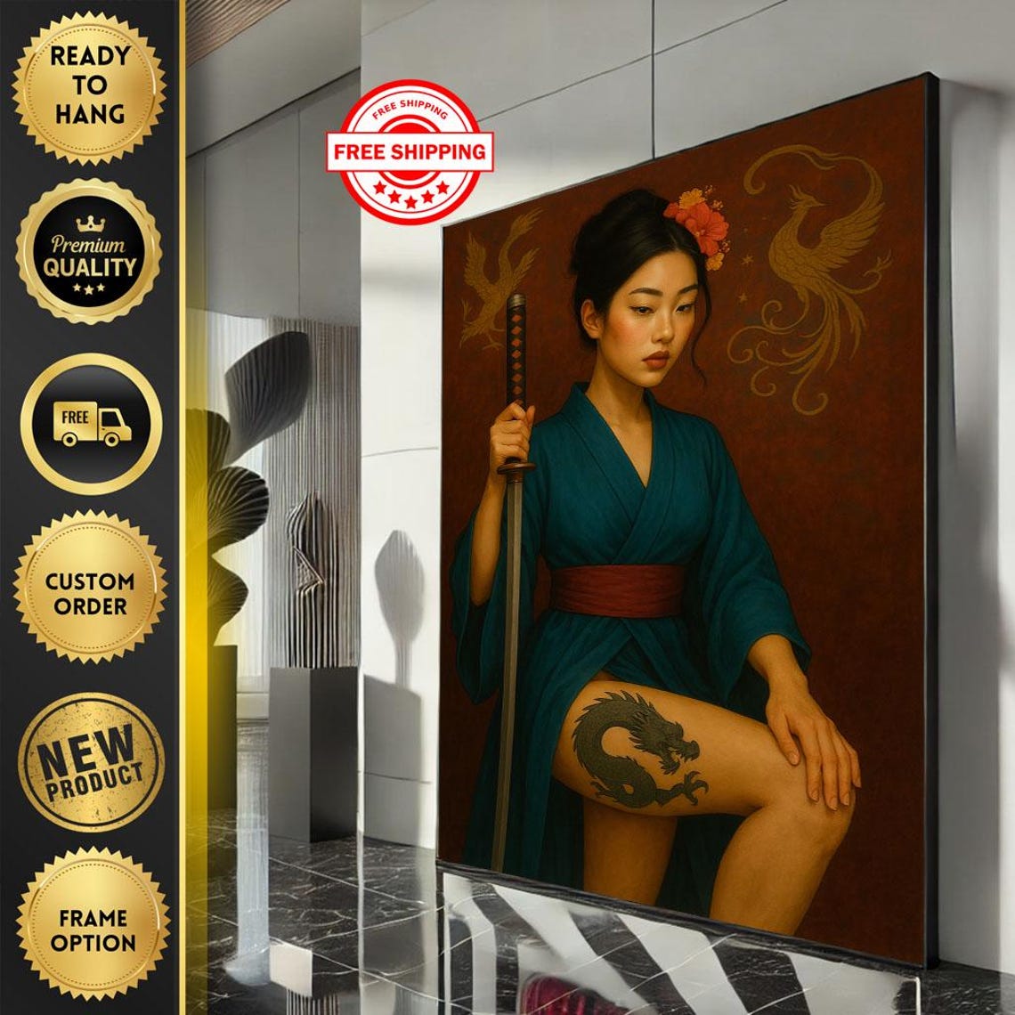 Samurai Woman Teal Kimono Dragon Tattoo Sword Phoenix Art Poster