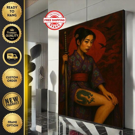 Captivating Japanese Woman With Dragon Tattoo Canvas Wall Art Print Bold Living Room Decor Ready To Hang